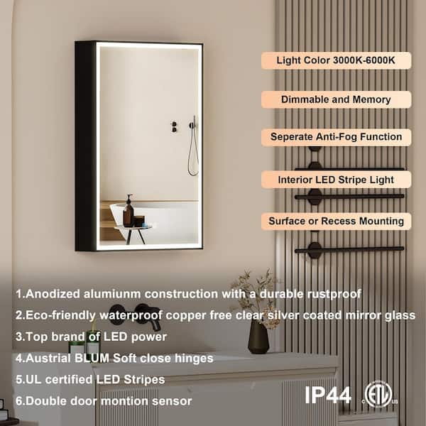 Forclover 20-in x 30-in Lighted LED Fog Free Surface Mount Black Mirrored Soft Close Medicine Cabinet