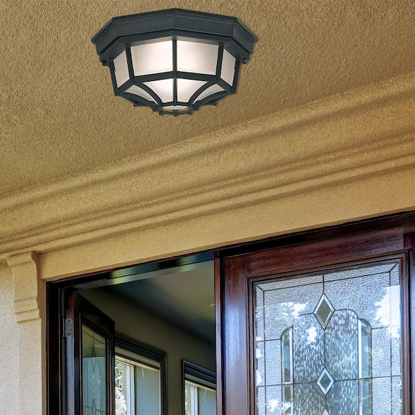 Parsons 1-Light Black Outdoor Flush Mount Ceiling Light with Frosted Glass Shade