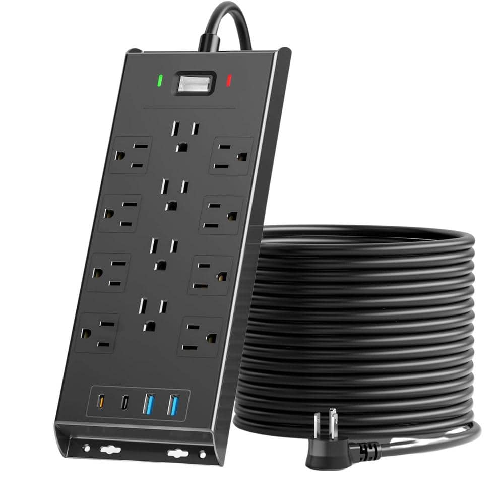 10 Flat Plug Surge Protector Power Strip Heavy Duty Round Extension Cord, 