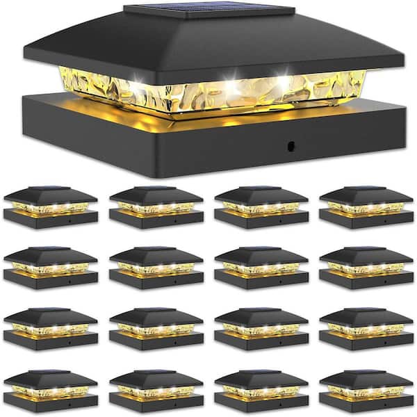 4x4 Solar Post Cap Light Outdoor Waterproof Black Deck Cap Light Warm White 16-Pack for Wooden Cable Railing System