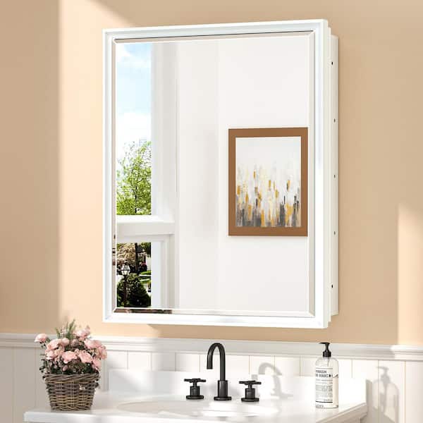 KeonJinn 21 in. W x 27 in. H Rectangular White Metal Framed Beveled Surface Mount/Recessed Medicine Cabinet with Mirror