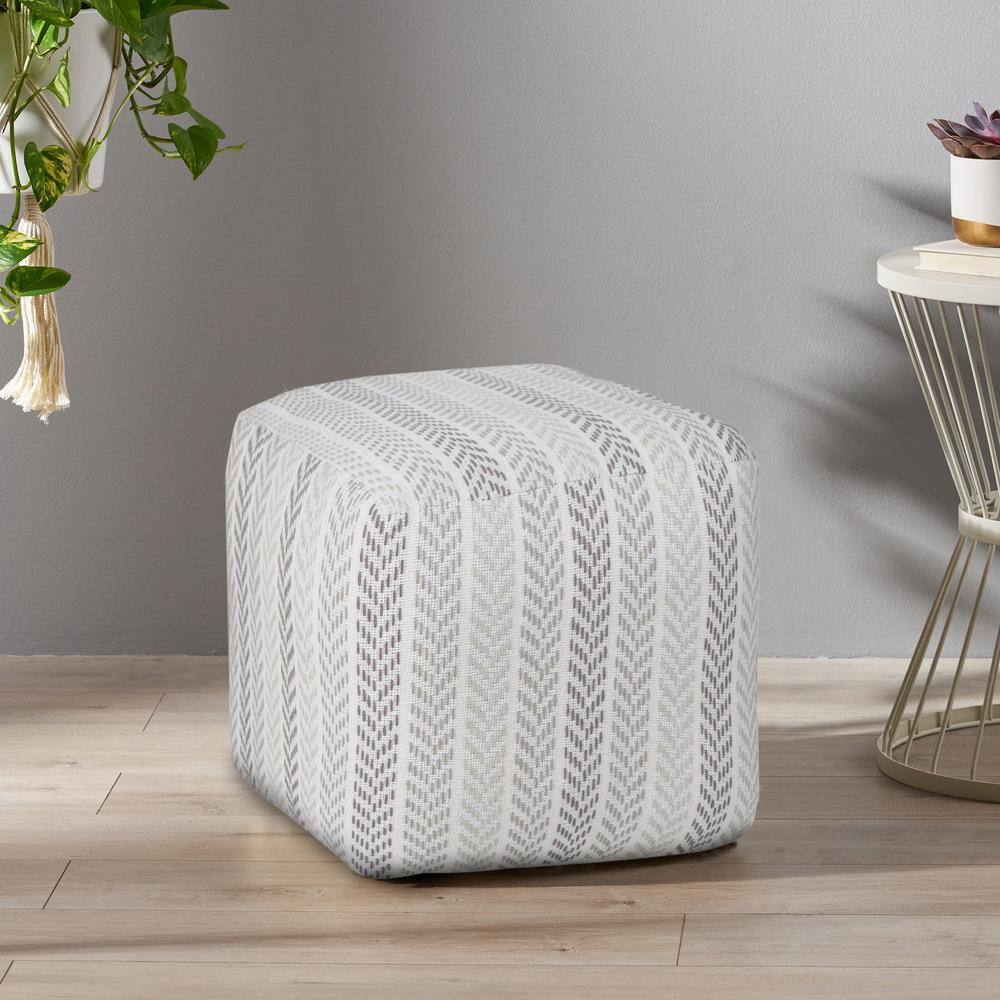 Transitional Chevron Stripe Square Pouf in Gray and White, 18" x 18" x 14"