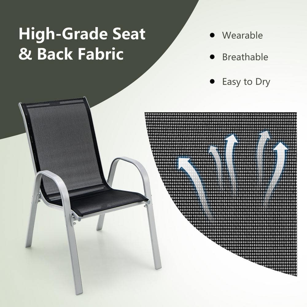 Black Stackable Outdoor Dining Chairs with Armrests, Set of 4