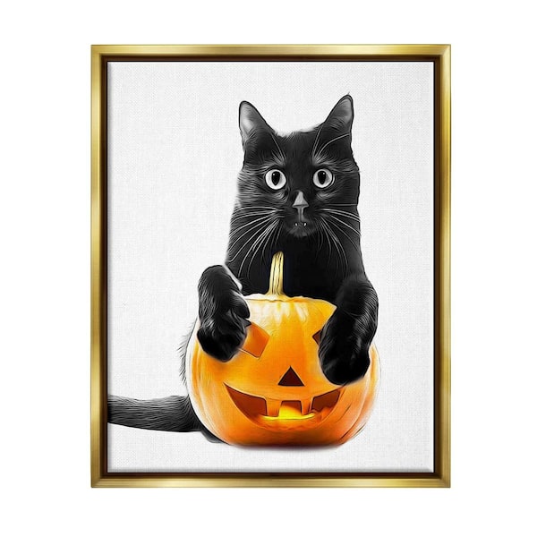 Stupell Industries Black Cat Jack-o-Lantern by Annalisa Latella 1 Piece Floater Frame Graphic Print Animal Poster Art Print 21 in. x 17 in.