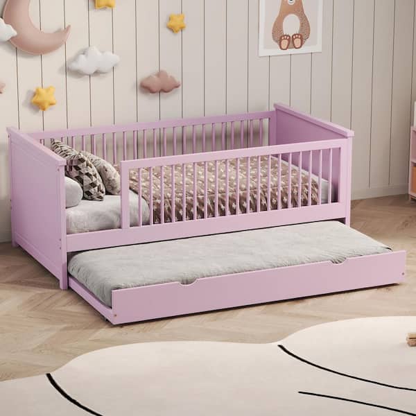 Pink Wood Frame Twin Platform Bed with Trundle and Guardrail
