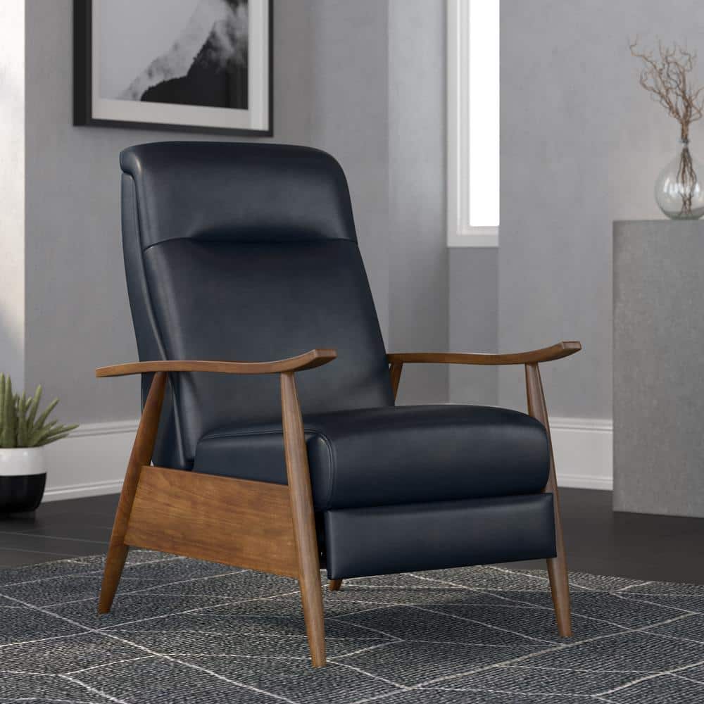 Midnight Blue Faux Leather Wood-Armed Recliner Chair