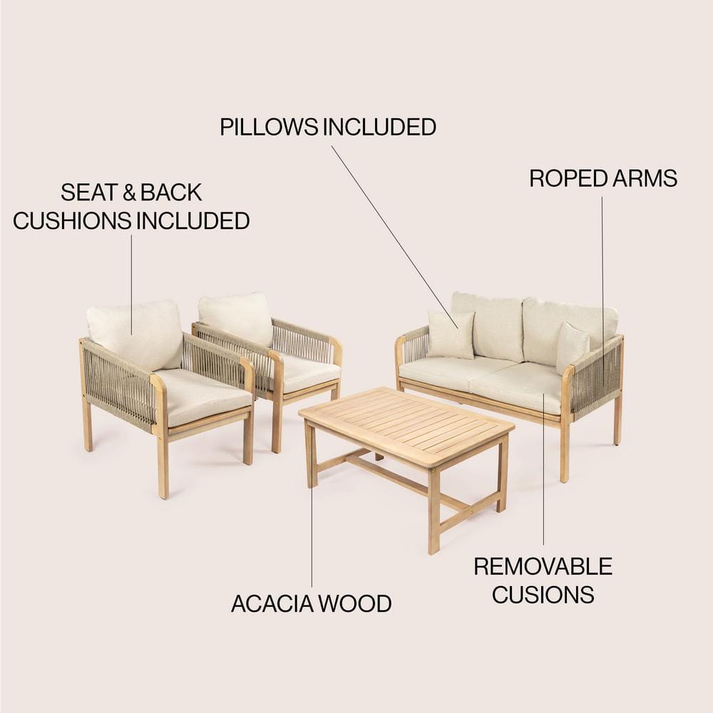 Tavira 4-Piece Light Teak Acacia Wood Patio Set with Beige Cushions