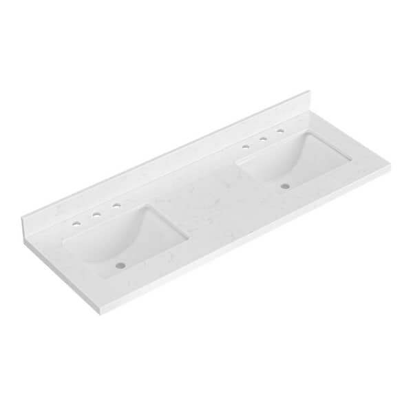 ARIEL 60 in. W. x 22 in. D in Carrara White Quartz with 1.5 in. Thick Milter Edge with Rectangle Double Sink Vanity Top White