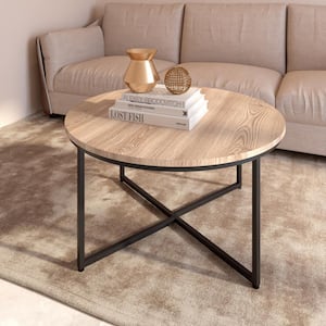 35.04 in. W Natural Light Brown Small Round Wood Coffee Table with Metal frame For Living Room, Office, Bedroom
