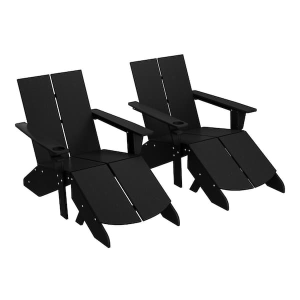 WESTIN OUTDOOR Coastin Black Outdoor Patio Weather Resistant Modern Poly Plastic Adirondack Chair and Ottoman (Set of 2)