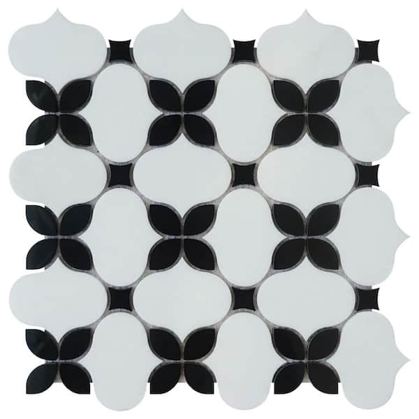 Clover Bloom White and Black 11.82 in. x 11.82 in. Floral Polished Marble Mosaic Wall and Floor Tile (9.7 sq. ft./Case)
