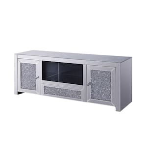 59 in. Silver Wood TV Stand Fits TVs up to 65 Inch in. with Faux Diamond Inlay and Two Doors