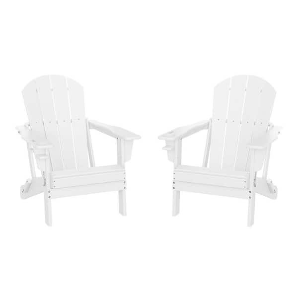 WESTIN OUTDOOR Alvaro White Outdoor Patio Weather Proof HDPE Plastic Folding Adirondack Chair with Cup Holder, Set of 2