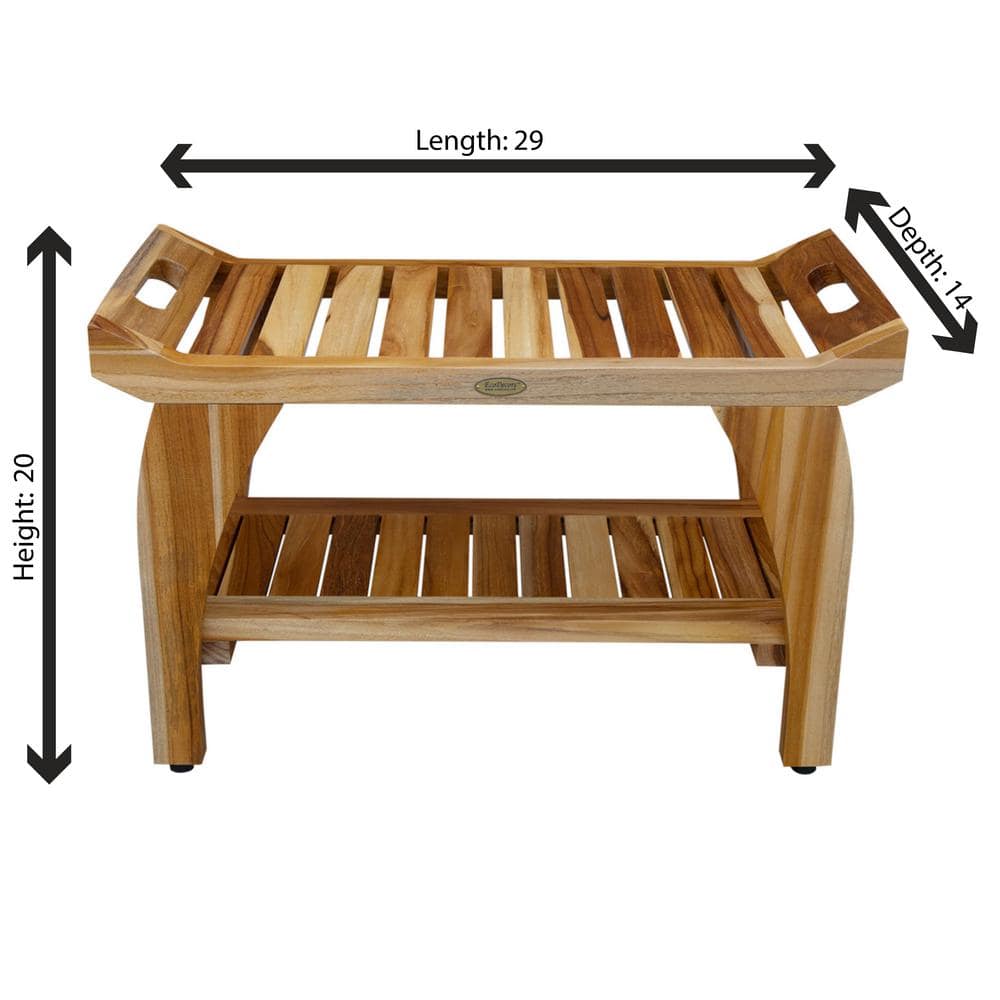 EcoDecors 32" Natural Teak Shower Bench with Handles and Shelf