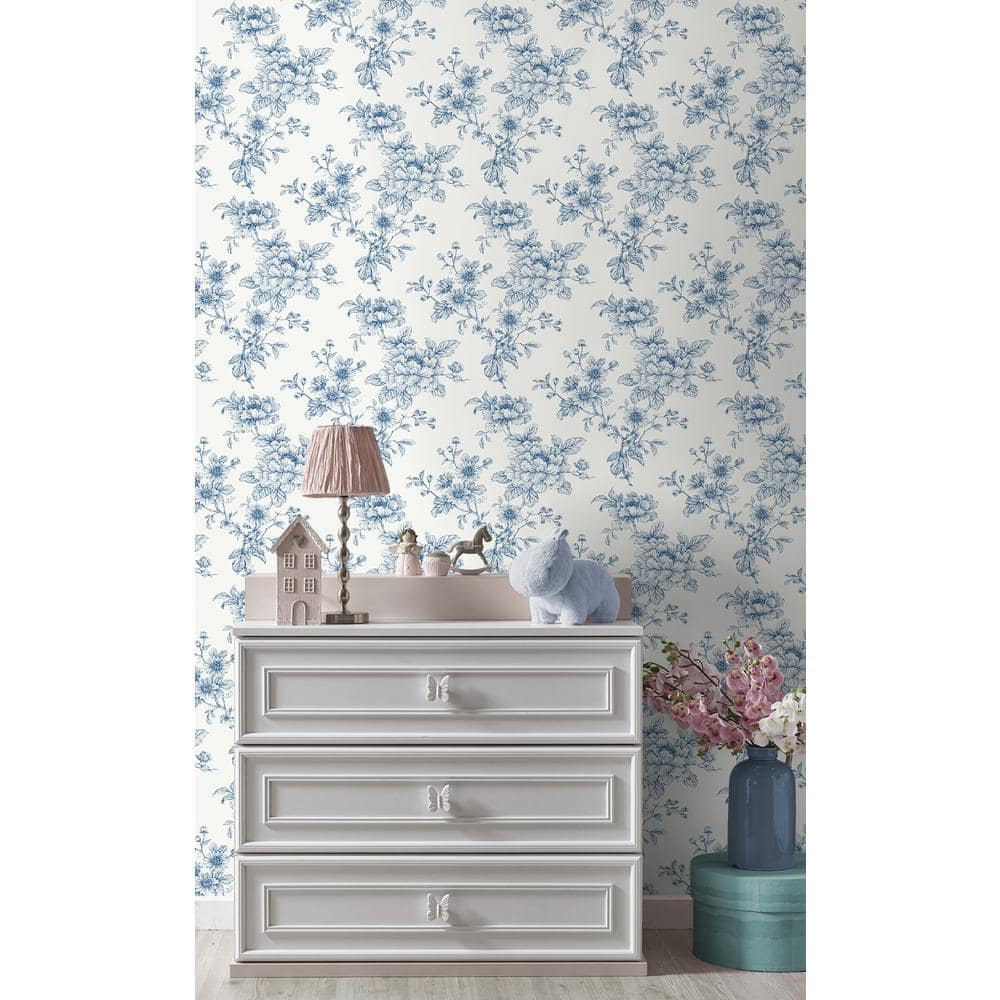 Blue Floral Vinyl Self-Adhesive Peel and Stick Wallpaper Roll