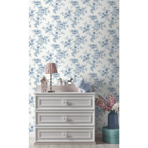 Blue Sketched Floral Vinyl Peel and Stick Wallpaper Roll (Covers 40.5 sq. ft.)