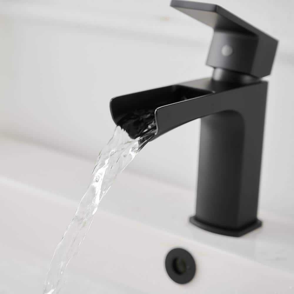 Matte Black Single-Handle Waterfall Bathroom Faucet with Drain Assembly