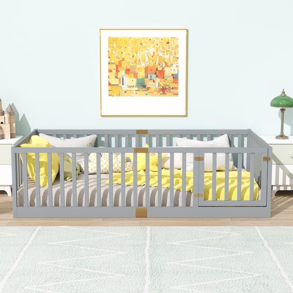 Ashton Gray Wood Frame Twin Size Platform Bed with High Fence Railings and Door