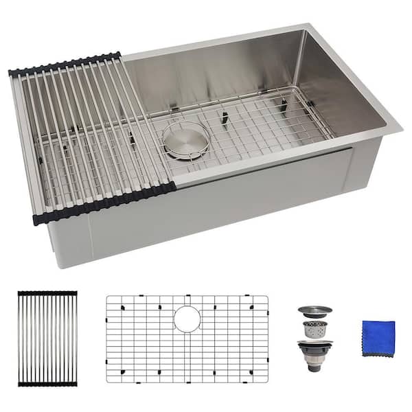 32 in. Undermount Kitchen Sink-16 Gauge Stainless Steel Single Bowl, Modern Design with Grid, Strainer and Drying Rack