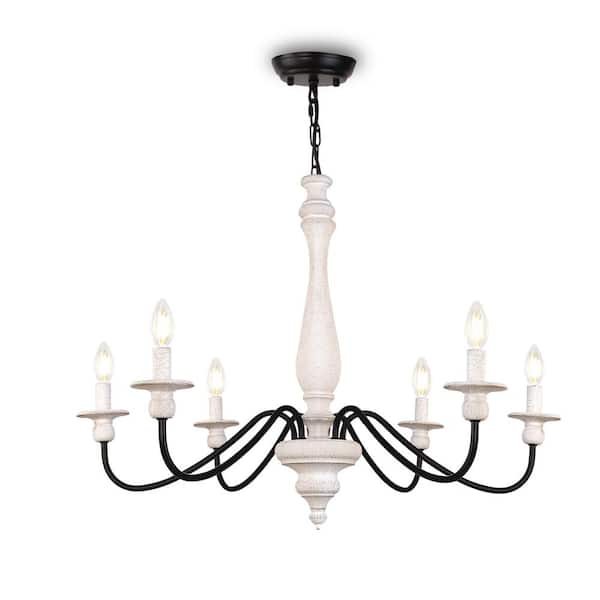 Unbranded 6-light French Country Distressed Farmhouse Candlestick Black and White Chandelier for Dining Room Kitchen Island