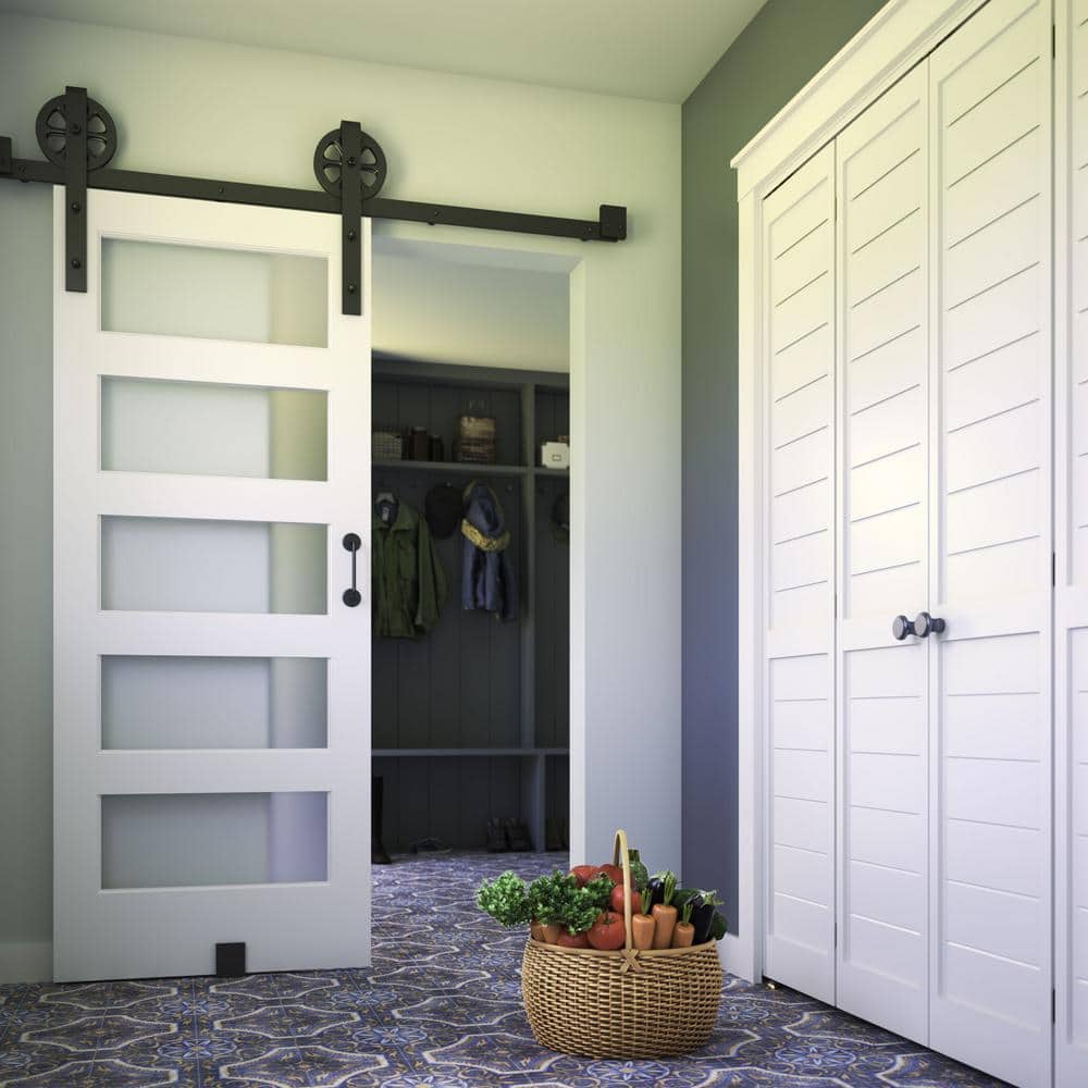 84" x 32" White Prefinished 5-Lite Frosted Glass Solid Pine Barn Door
