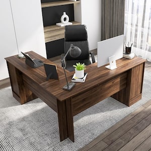 66.5 in. L-Shaped Walnut Home Office Desk Corner Computer Desk Drawer Keyboard Tray