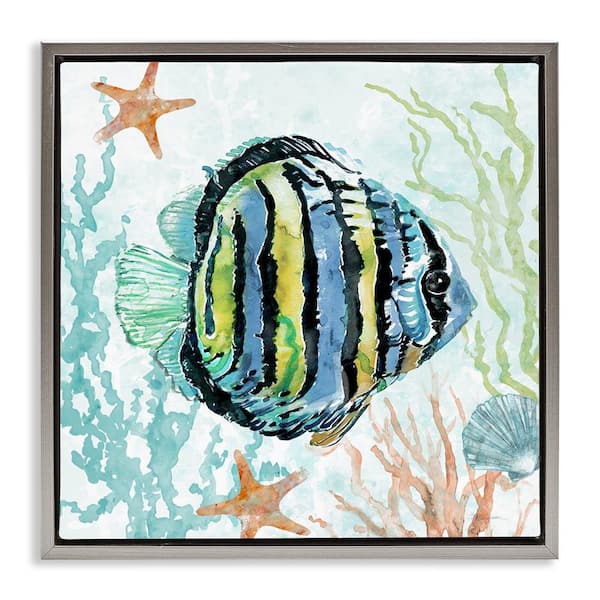 Stupell Industries Striped Angel Fish by Carol Robinson Gray Floater Frame Animal Graphic Art Print 18 in. x 18 in.