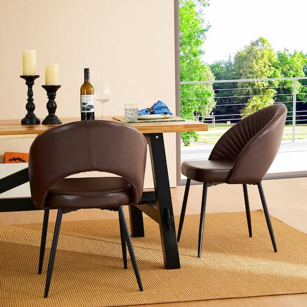 Mid-Century Modern Brown Quilted Leatherette Dining Chair with Metal Tapered Legs (Set of 4 ）