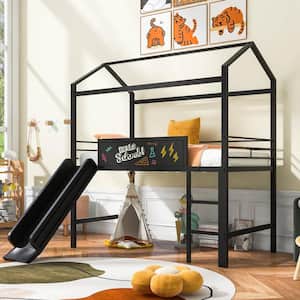 Black Twin Size Metal House Bed Loft Bed with 2-sided Writable Wooden Board, Slide, and Ladder