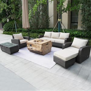 Elsa Brown 6-Piece Wicker Patio Fire Pit Conversation Sofa Set with Beige Cushions