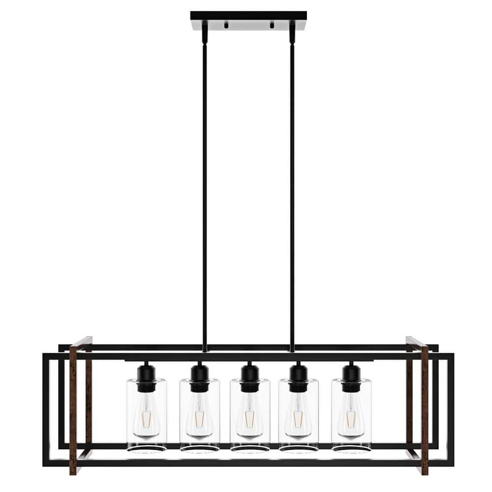5-Light Black Kitchen Island Statement Square Chandelier Modern with Glass 