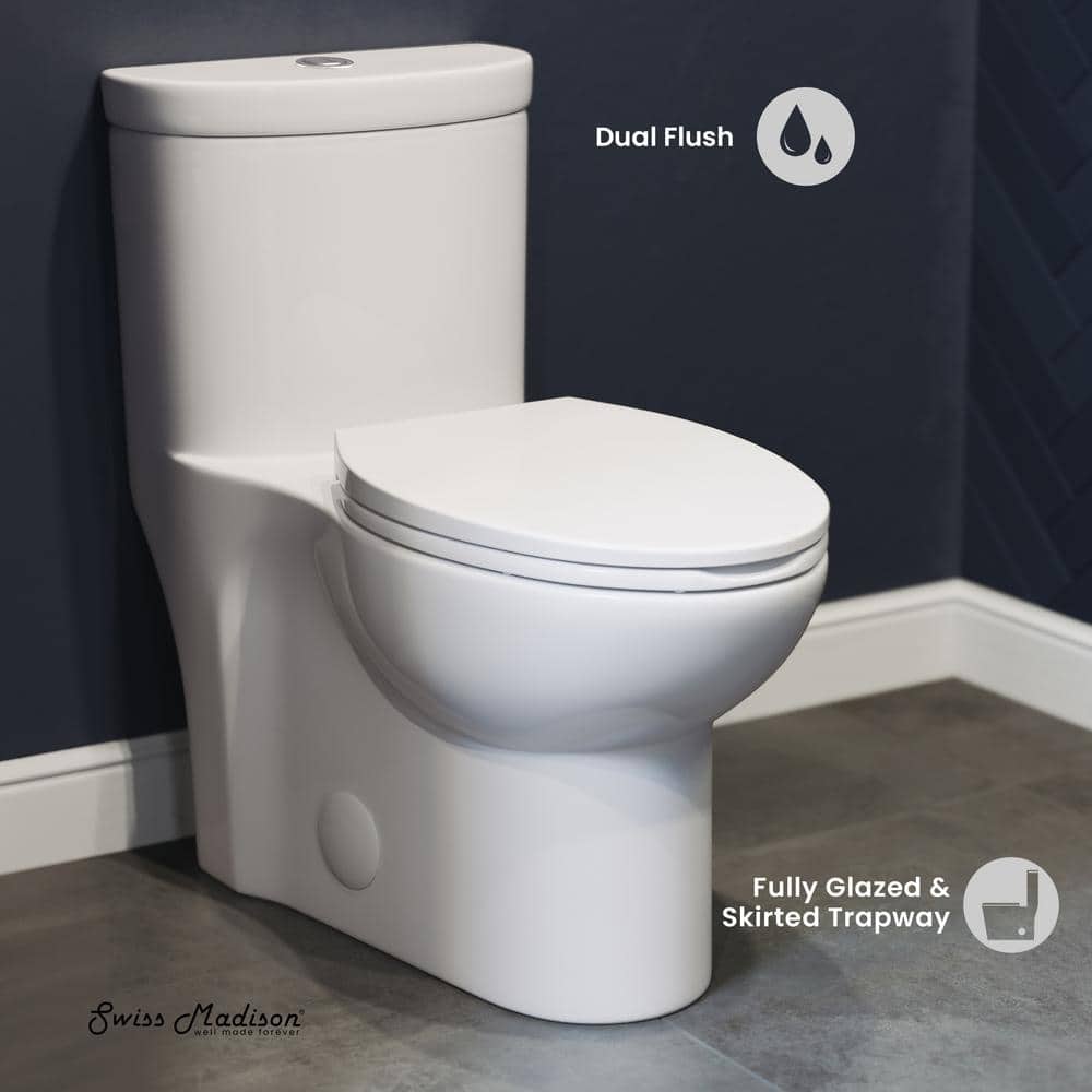 Glossy White Elongated Dual Flush One-Piece Toilet