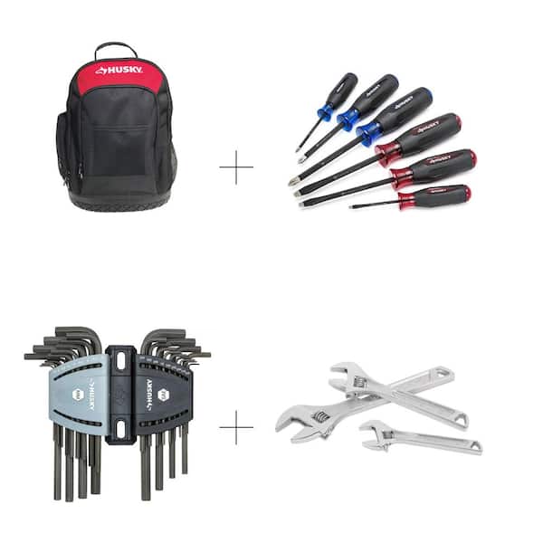 Husky 18 in Backpack Bundled with Diamond Tip Magnetic Screwdriver SAE/Metric Long Arm Hex Key Double-Speed Adjustable Wrench