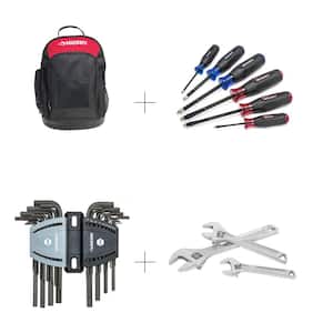18 in Backpack Bundled with Diamond Tip Magnetic Screwdriver SAE/Metric Long Arm Hex Key Double-Speed Adjustable Wrench