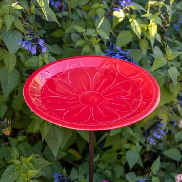 12 in. Petunia Lolly Birdbath with Stake, Solid Brass, Outdoor, Petunia Red, Glass Enamel Finish