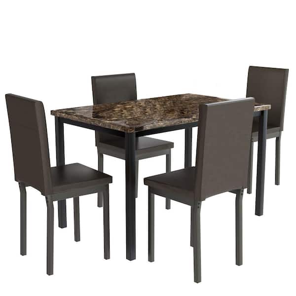 mieres 21 Saviq 5-Piece Rectangle Faux Marble Top Brown Bar Table Set