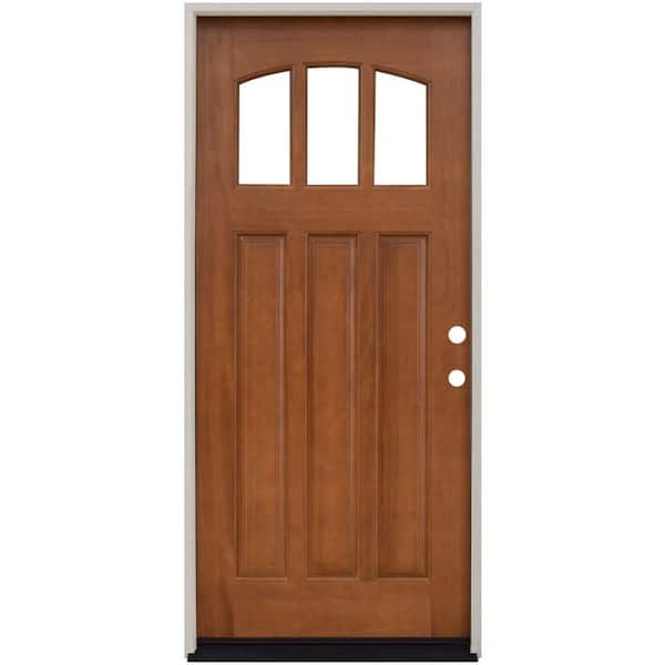 Steves & Sons 36 in. x 80 in. Craftsman 3 Lite Arch Stained Mahogany Wood Prehung Front Door