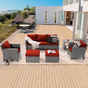 6-Piece Patio Sofa Set Gray Wicker Outdoor Furniture Set with Coffee Table, Rust Red