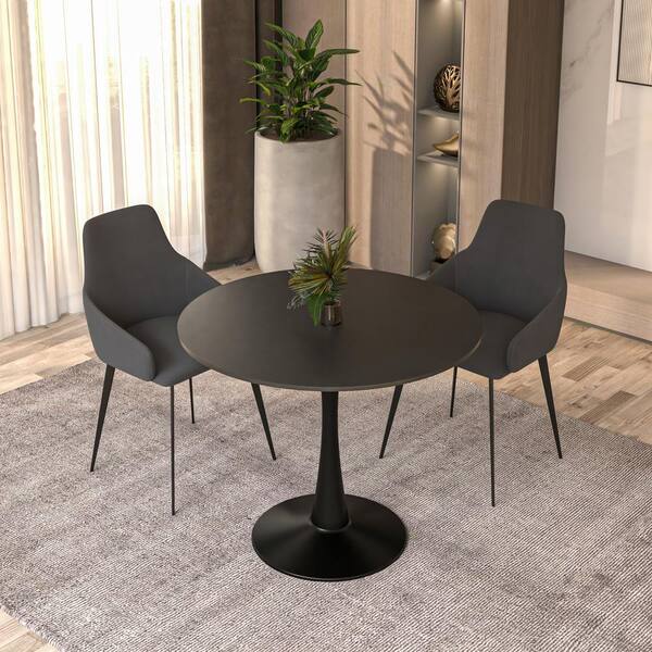 Leisuremod Bristol Mid-Century Modern Black Wood 35.43 in. Stainless Steel Pedestal Base Dining Table Seats 4