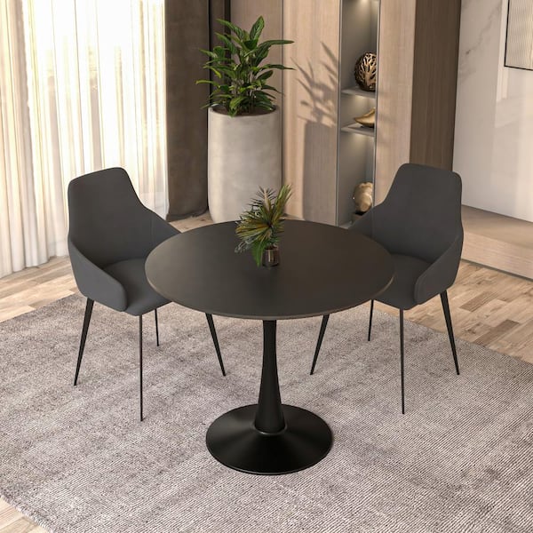 Bristol Dining Table 35 in. Round MDF Wood in Black Tabletop Stainless Steel Metal Glossy Pedestal Base Seats 4