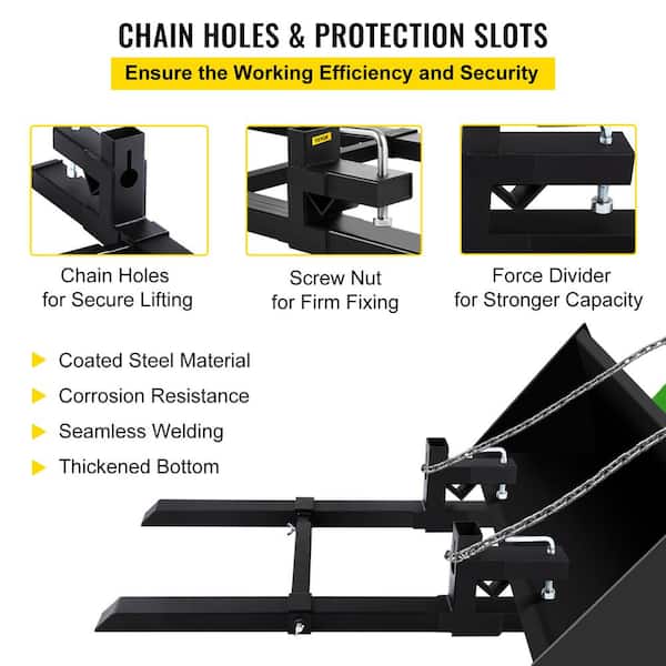 4000 Lb Clamp-On Pallet Forks For Tractor Loader - 60" Long, Adjustable Stabilizer Bar