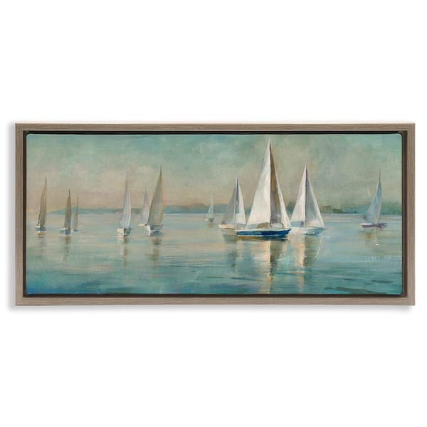 Panoramic Sailing at Sunrise by Danhui Nai Brown Floater Frame Coastal Graphic Art Print 14 in. x 31 in.