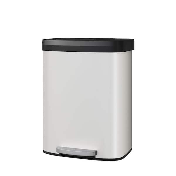 15.8 Gal. White Metal Step-On Kitchen Trash Can with Liner Rim, Rear Handle, Soft Close Plastic Lid for Dining Room