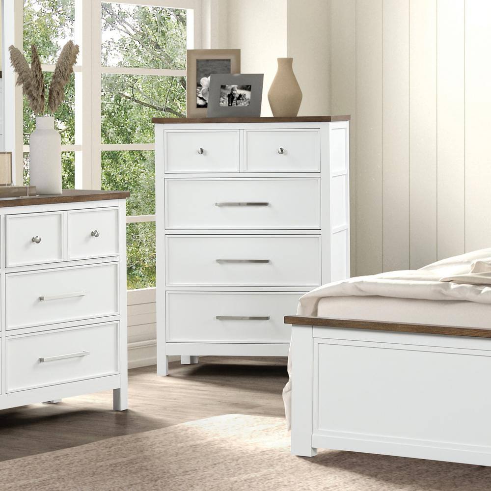 Beiring White and Dark Brown 4-Drawer 34 in. Chest of Drawers with Nickel Finish Mushroom Knob