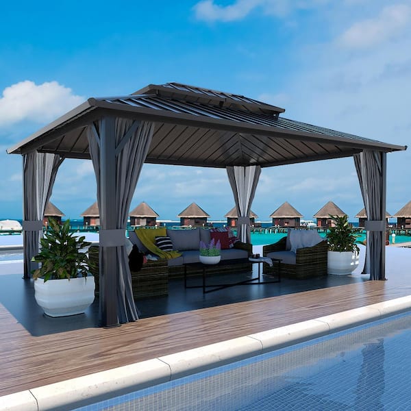 VEIKOUS 14 ft. x 12 ft. Aluminum Double Hardtop Gazebo with Grey Curtains and Netting