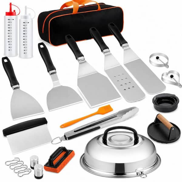 27-Piece Stainless Steel Griddle Kit, Hibachi Flat Top Grill Specialty Tool with Basting Cover, Burger Press Patty Maker