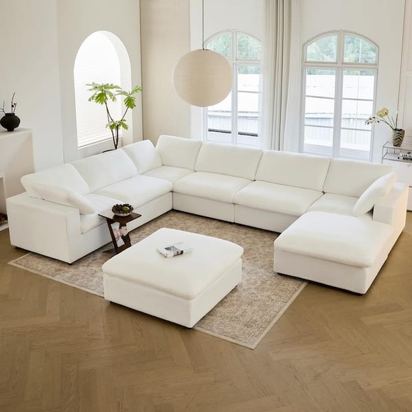 160 in. Square Arm Fabric U-Shaped Removable Covers Sectional Sofa 8-Seater in White
