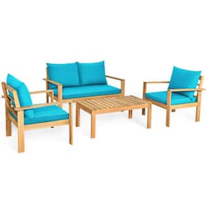 4-Piece Acacia Wood Outdoor Patio Conversation Set with Turquoise Cushions Water Resistant