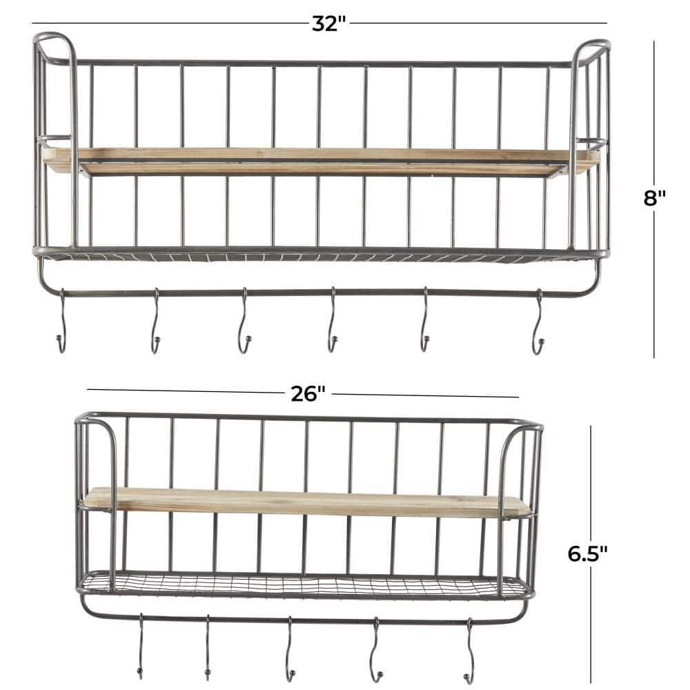 Gray Iron and Wood Wall Shelf with Hooks, Set of 2