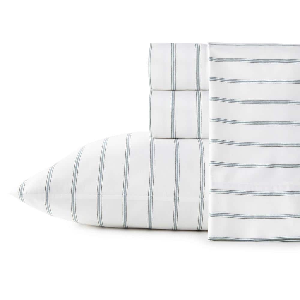 King White and Green Stripe Cotton Percale Sheet Set